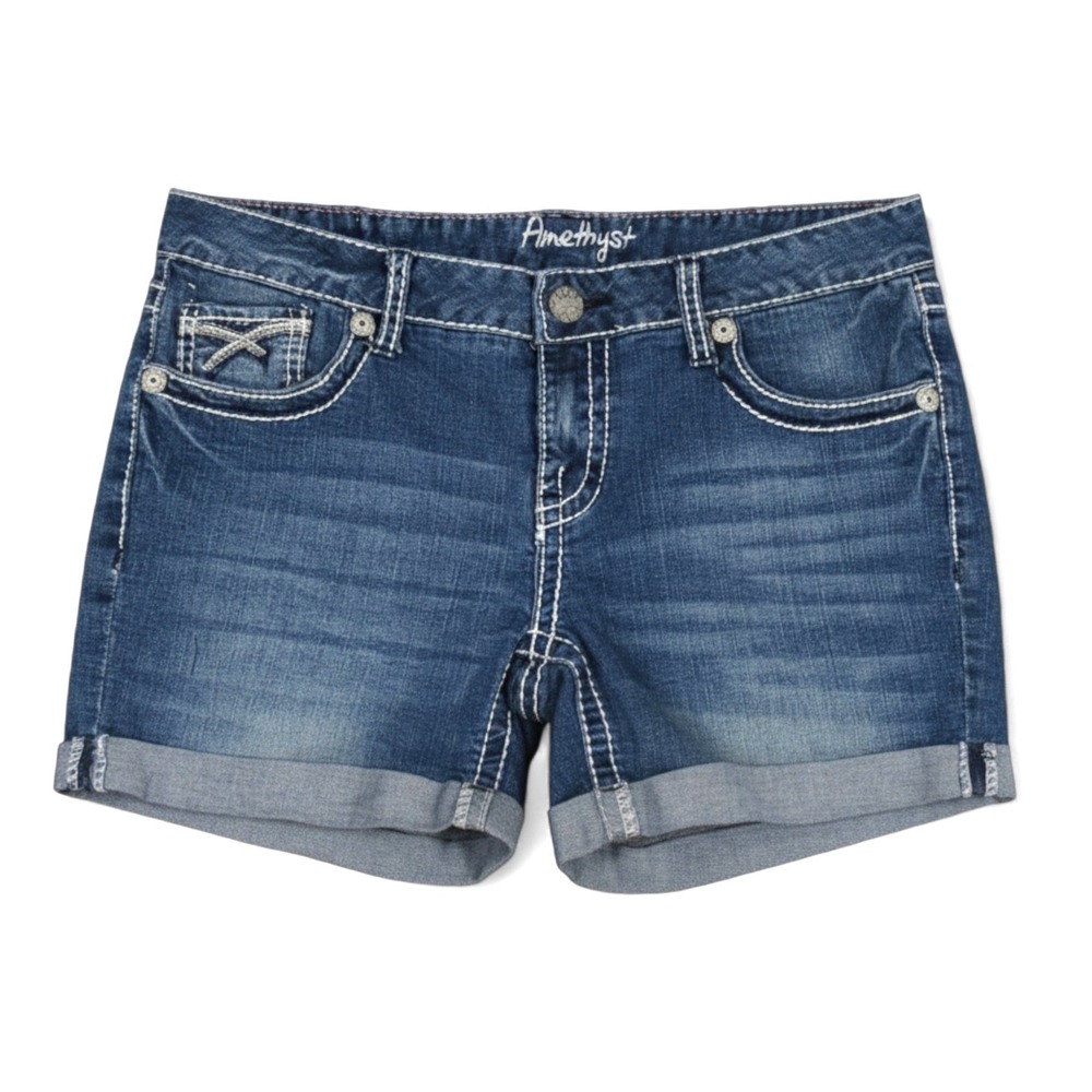 AMETHYST Stretch Denim EMBELLISHED FLAP POCKETS Cuffed RYANNE JEAN SHORTS Sz 11